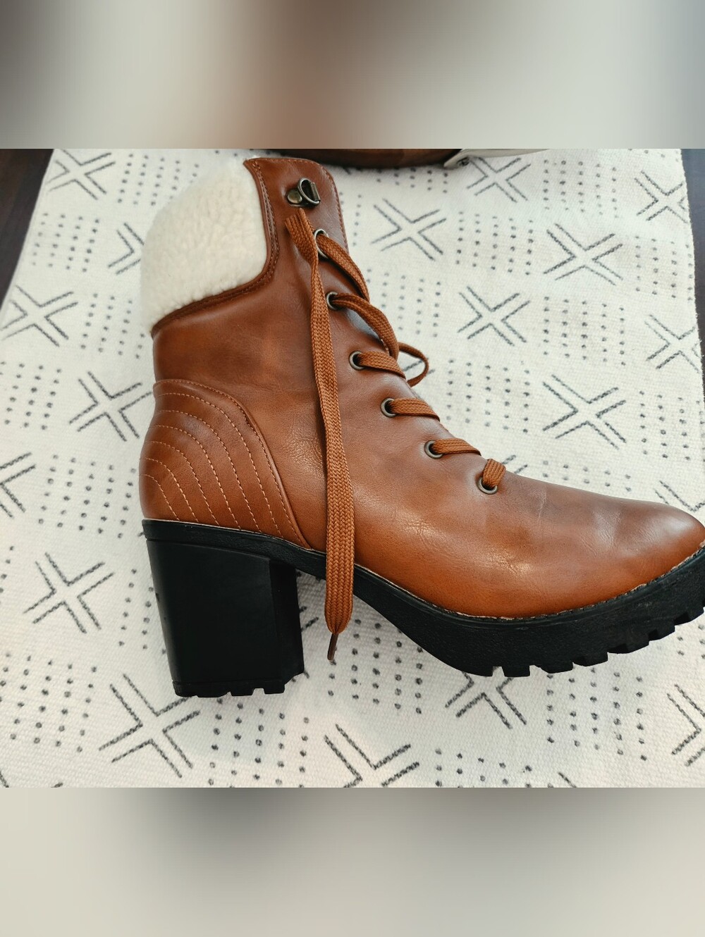 Via ROSA Women's Brown Lace-Up Block Heel Boot with Faux Shearling